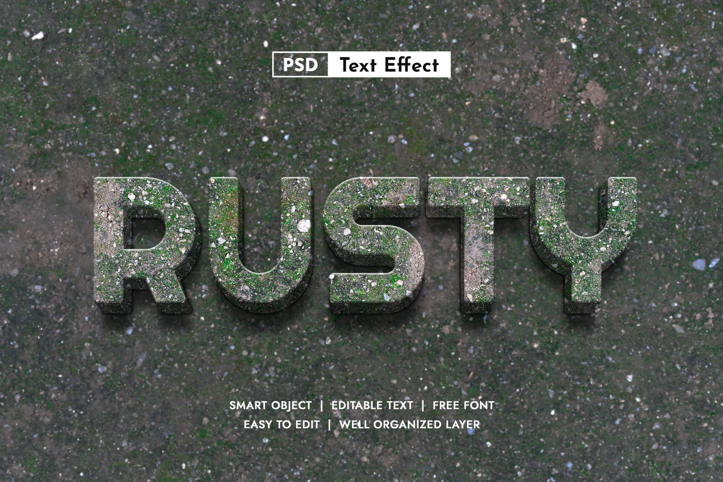 Realistic mossy rust 3D text effect. Unique organic font style. High quality natural texture design psd