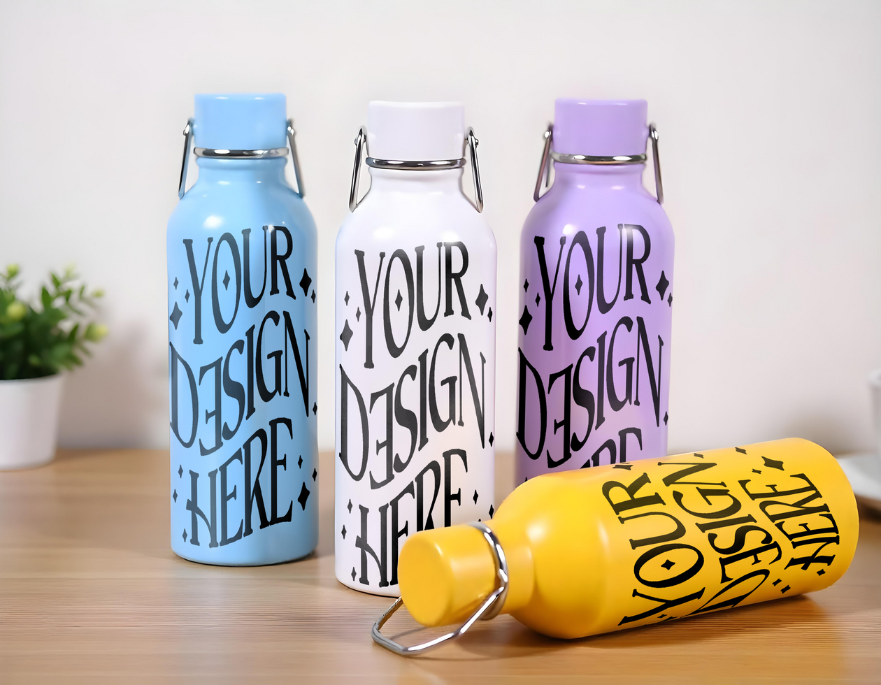 foyr colorful water bottles in top table psd