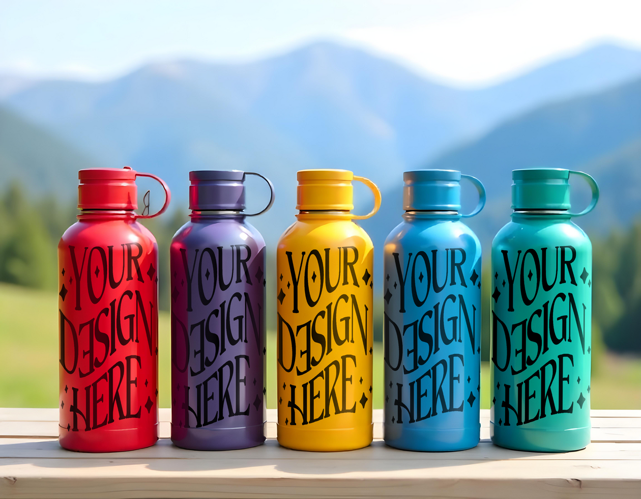 five colorful water bottles mockup with mountain background psd