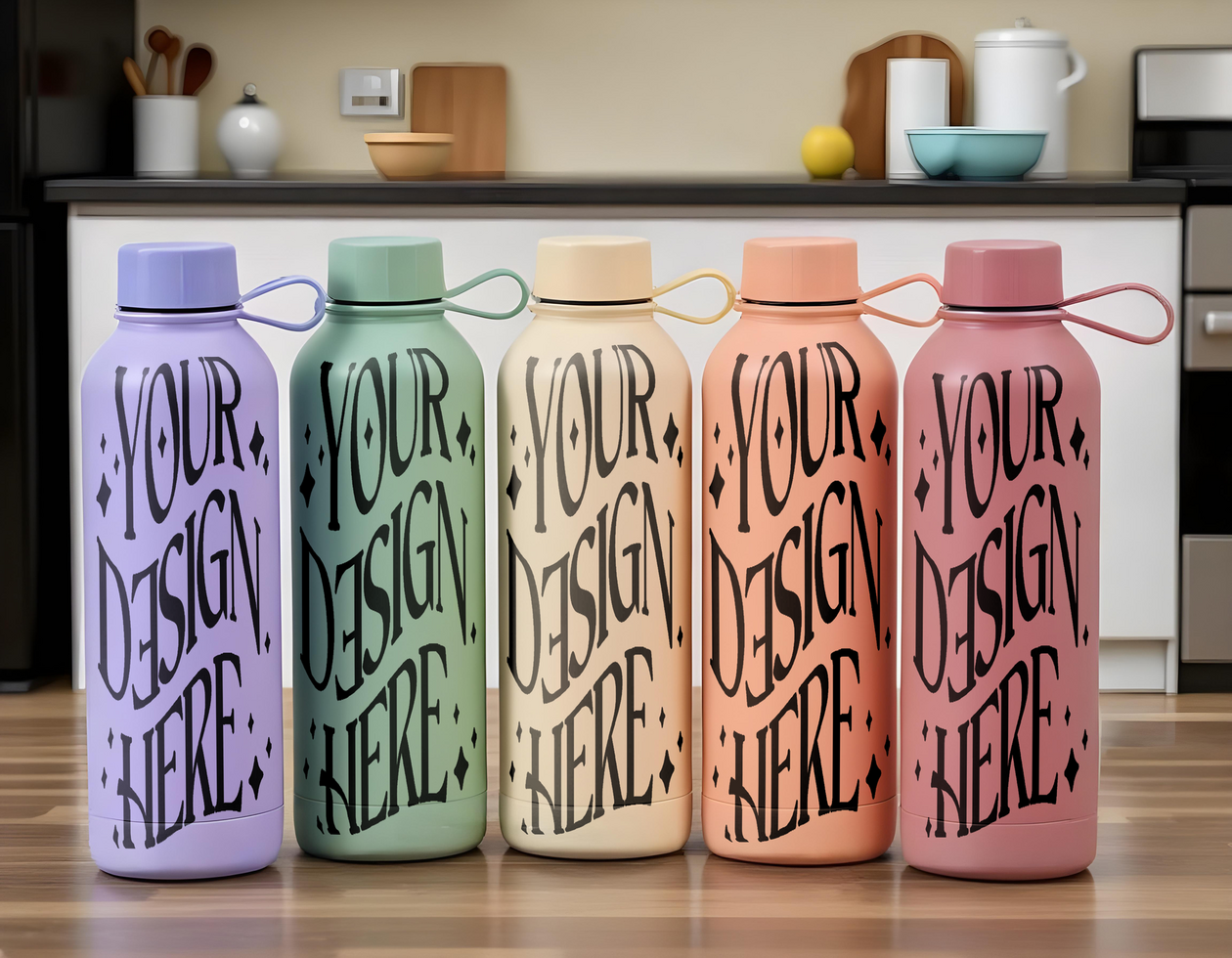 five colorful water bottles mockup psd