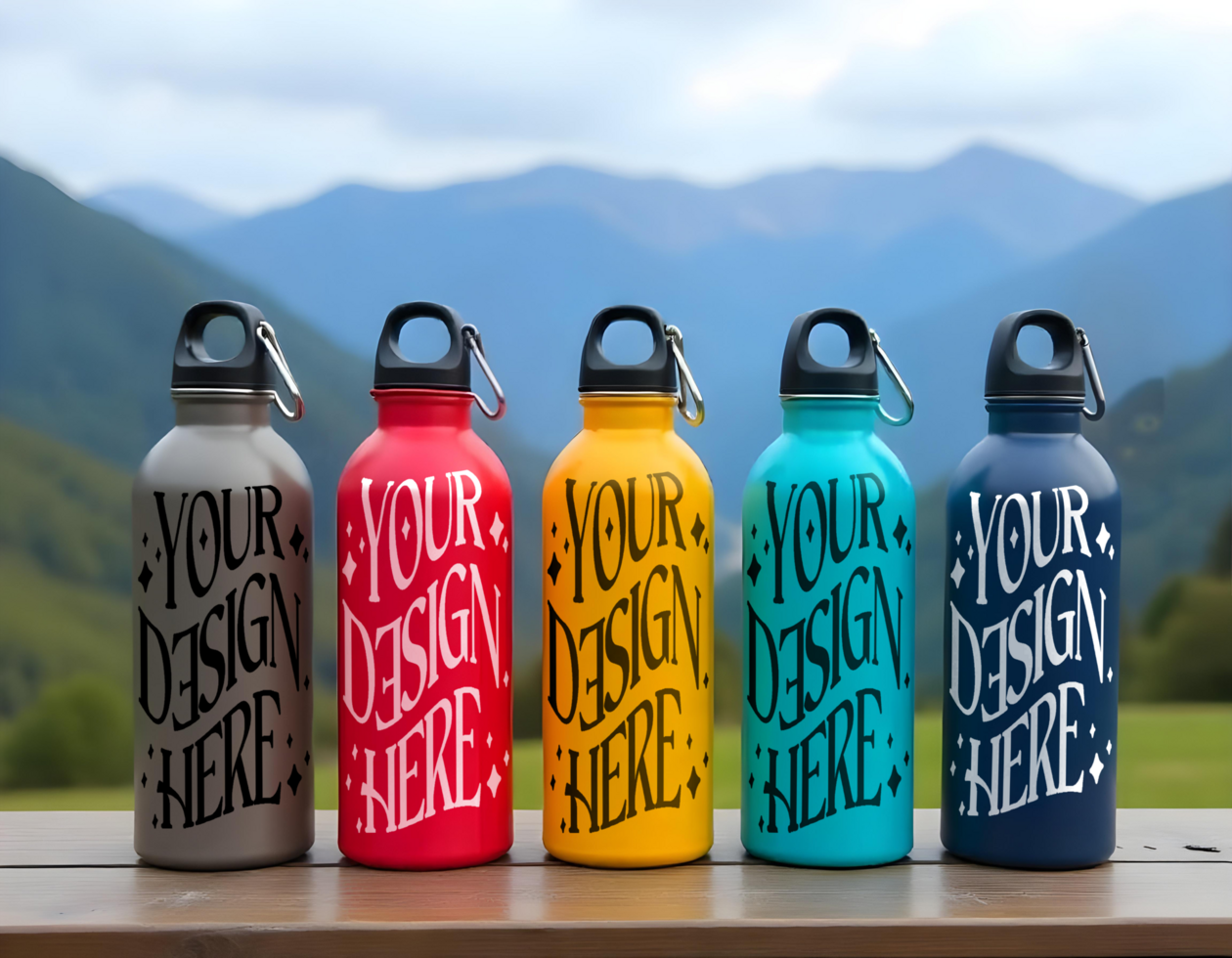 five colorful water bottles mockup thumbler with mountain background psd