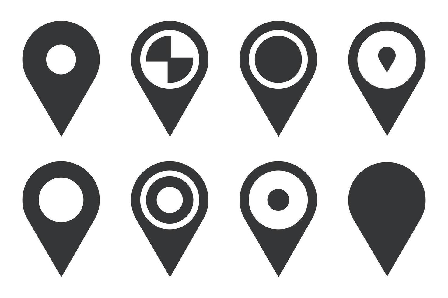 Set of Eight Different Black Map Pointer Icons on a White Background Representing Location Navigation and Direction for Web Design and Mobile Applications vector