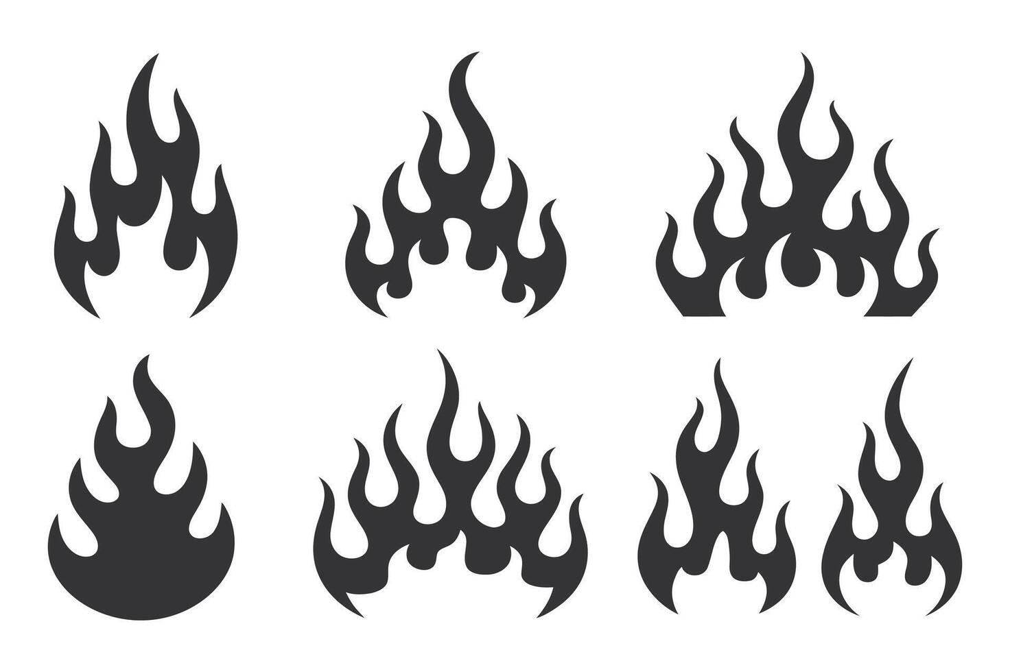 Set of Six Black Flame Illustrations on a White Background Perfect for Graphic Design Tattoo Art or Adding a Fiery Touch to Any Creative Project vector