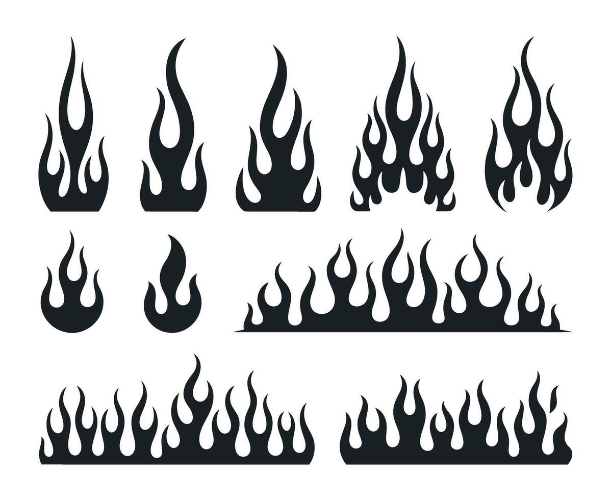 Collection of Flames and Fire Designs in Black Silhouette Illustration Perfect for Graphic Design Elements Logos and Creative Projects with a Fiery Theme vector