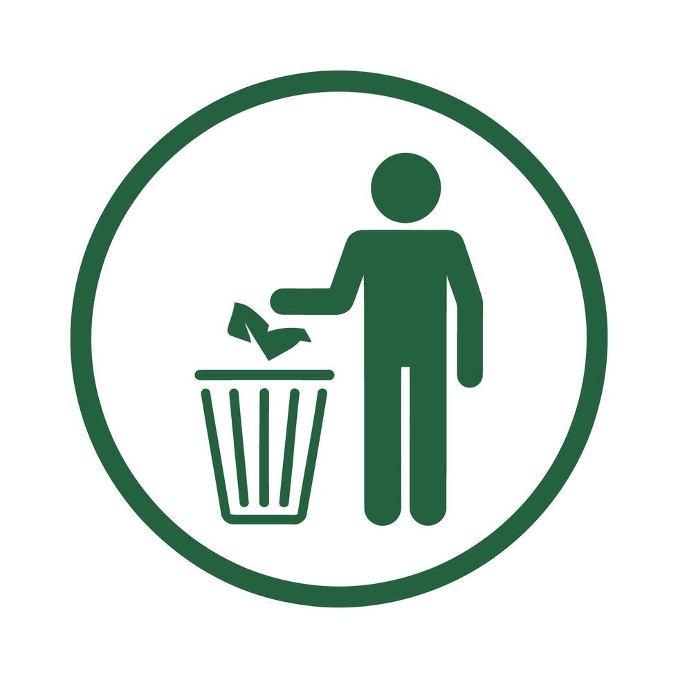 Green Icon of Person Throwing Trash in Bin for Recycling and Waste Disposal vector
