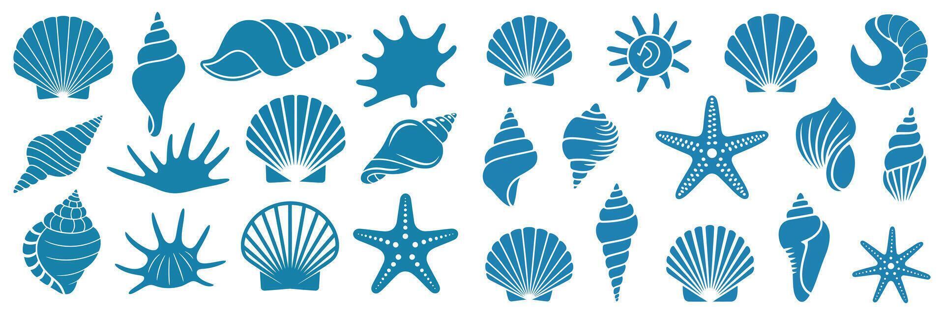 Collection of Blue Sea Shells and Starfish Silhouettes on White Background Marine Life Illustration Summer Beach Elements for Decorative Design Projects vector