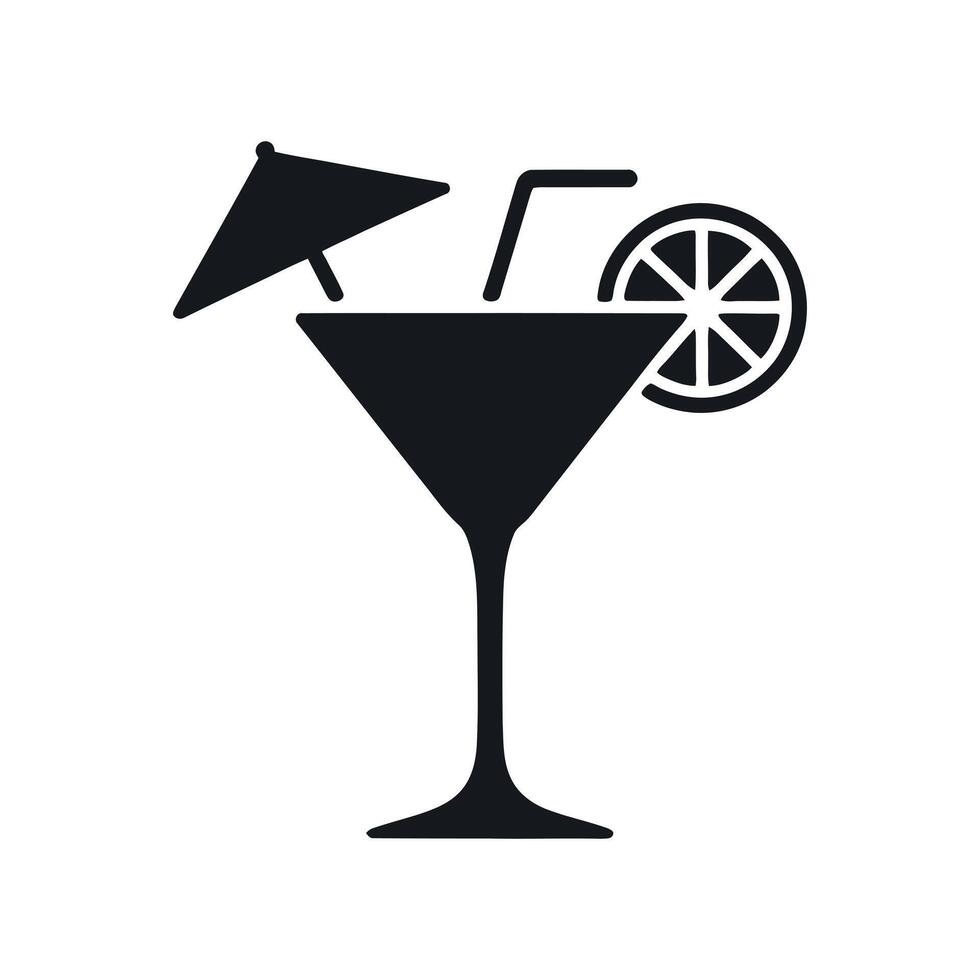 Elegant Martini Glass Icon with Umbrella and Citrus Fruit Slice in Black and White Minimalist Design Style vector