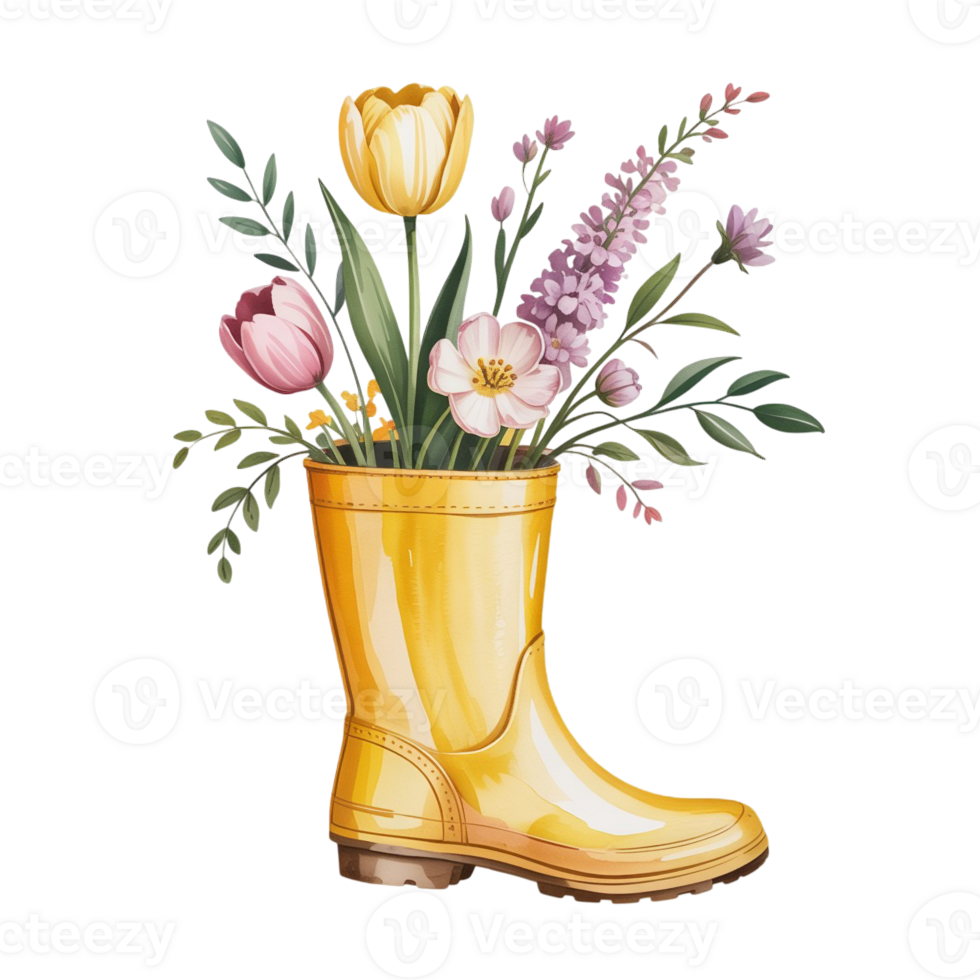 A vibrant yellow rain boot is whimsically repurposed as a planter for an array of colorful flowers, including tulips and other blossoms. cutouts png