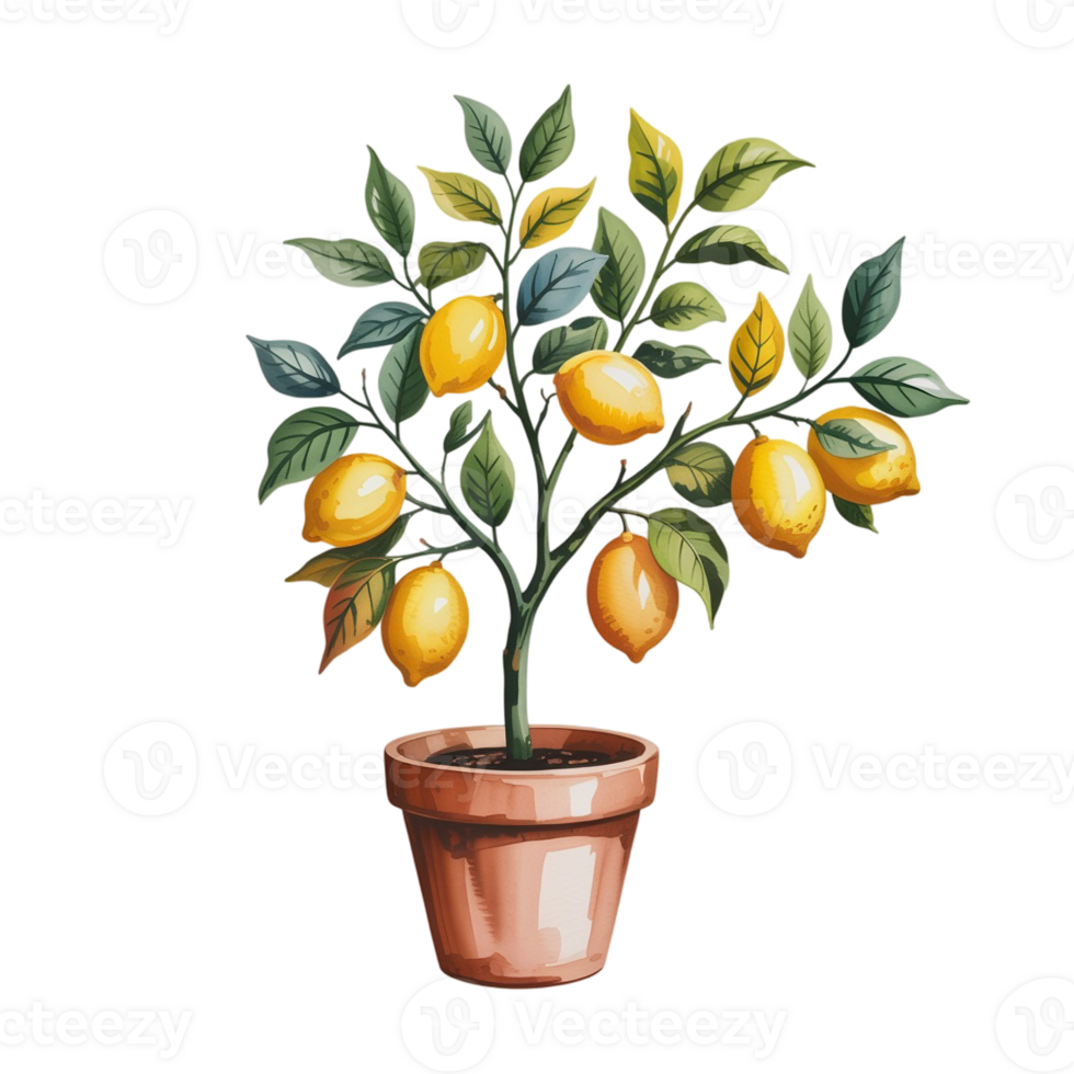 A potted lemon tree is depicted, showcasing several ripe lemons hanging from its branches cutouts png
