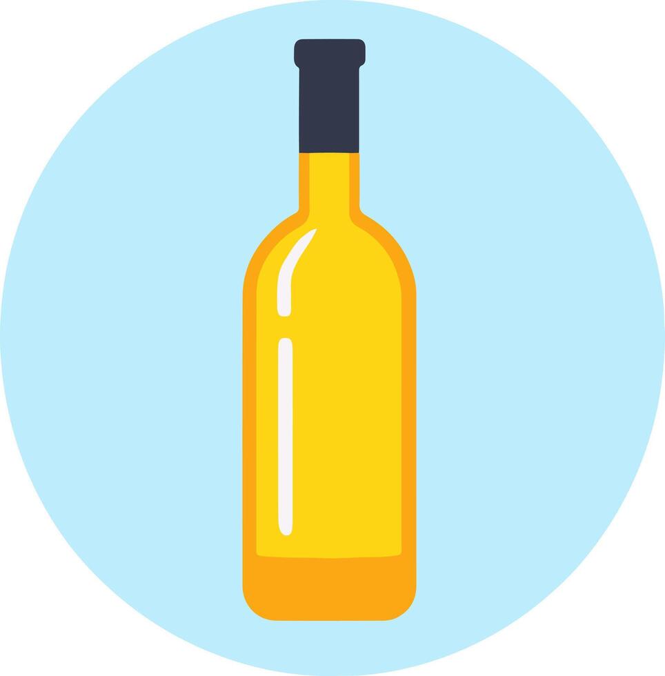 Yellow wine bottle with dark top on blue circle background. Alcohol drink icon for bar, menu, wine list vector
