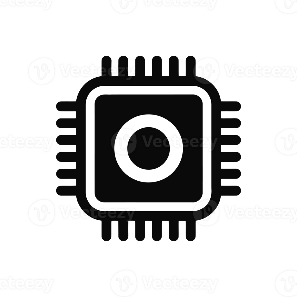 A minimalist black icon depicts a microchip with a central circle and radiating lines reminiscent of circuit connections. cutouts png