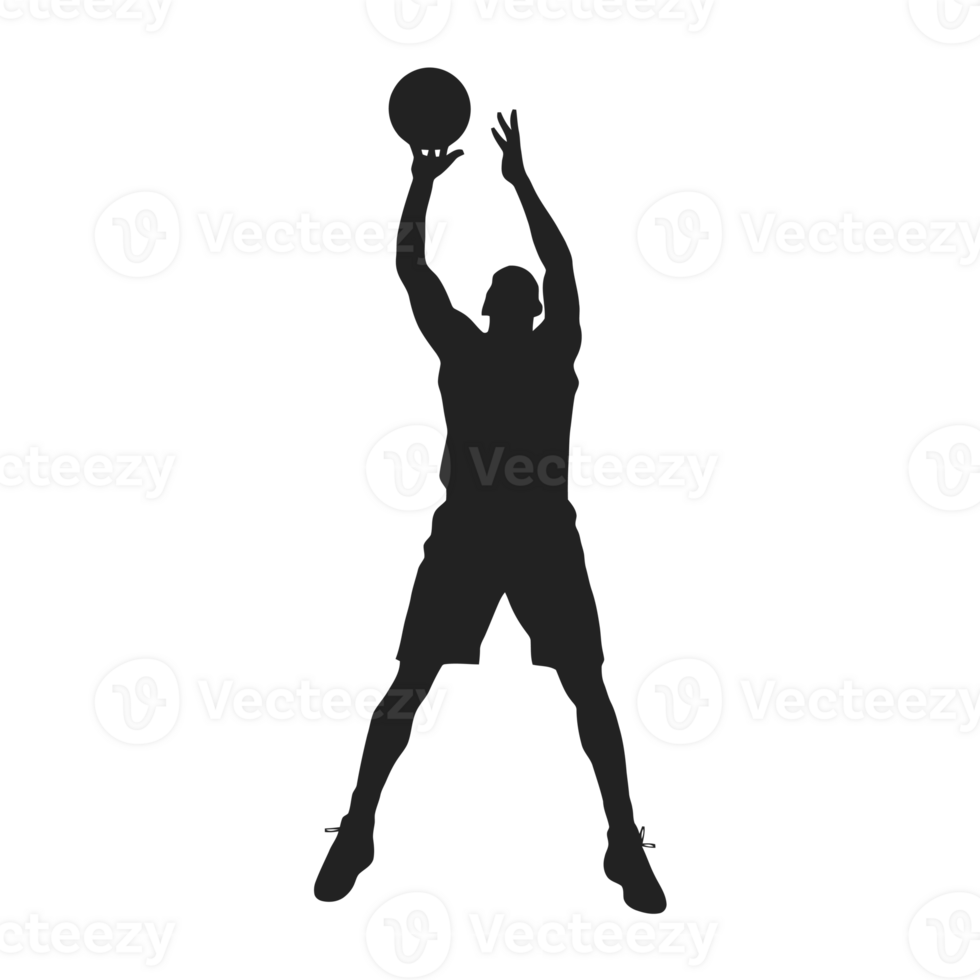 A silhouette of a basketball player is depicted in a jumping action, reaching upward with a ball in their hands cutouts png