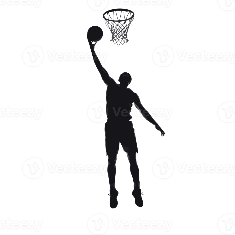 A silhouette of a basketball player leaping towards the hoop, holding a basketball in one hand. cutouts png