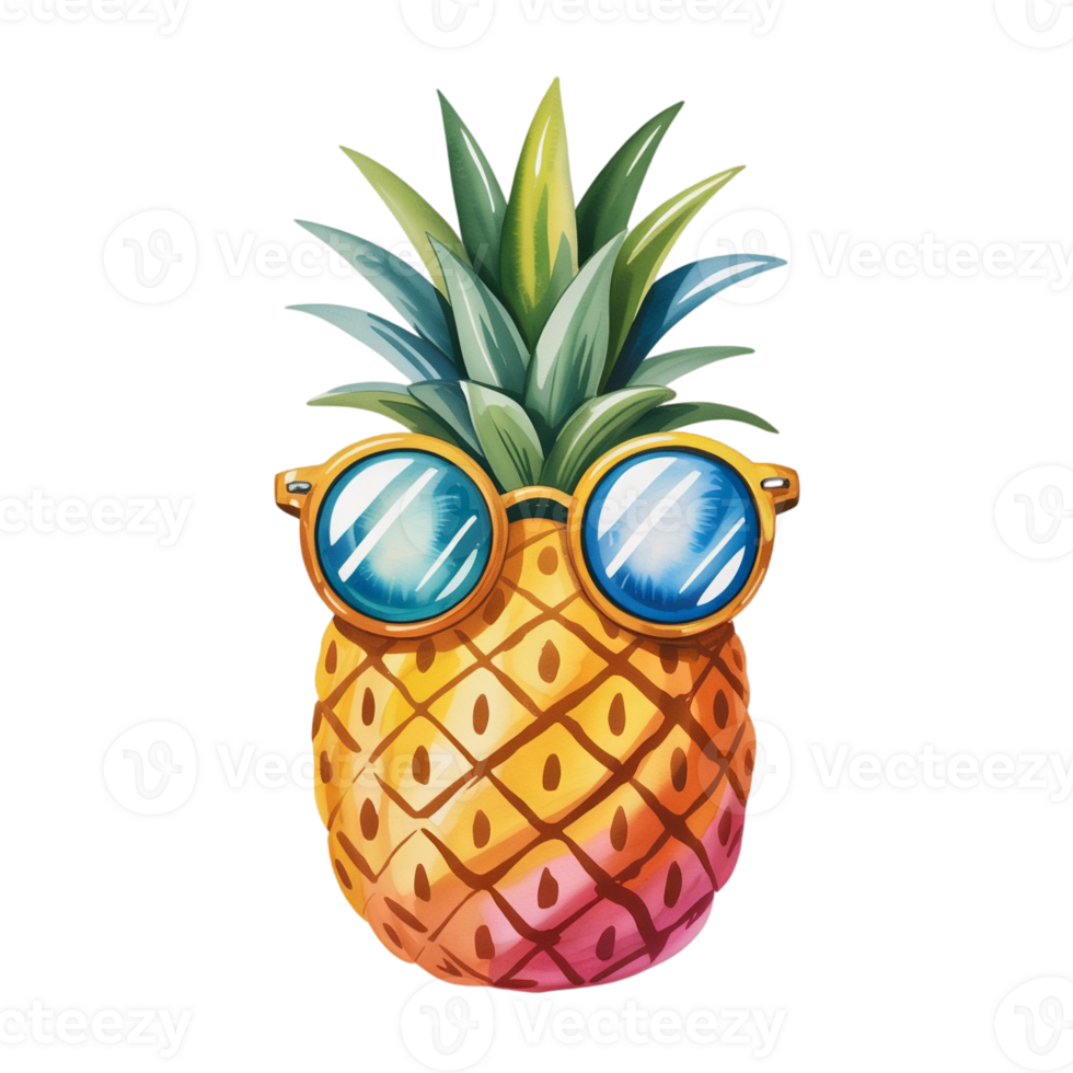 A pineapple sports oversized, reflective sunglasses, giving it a playful and trendy appearance. cutouts png