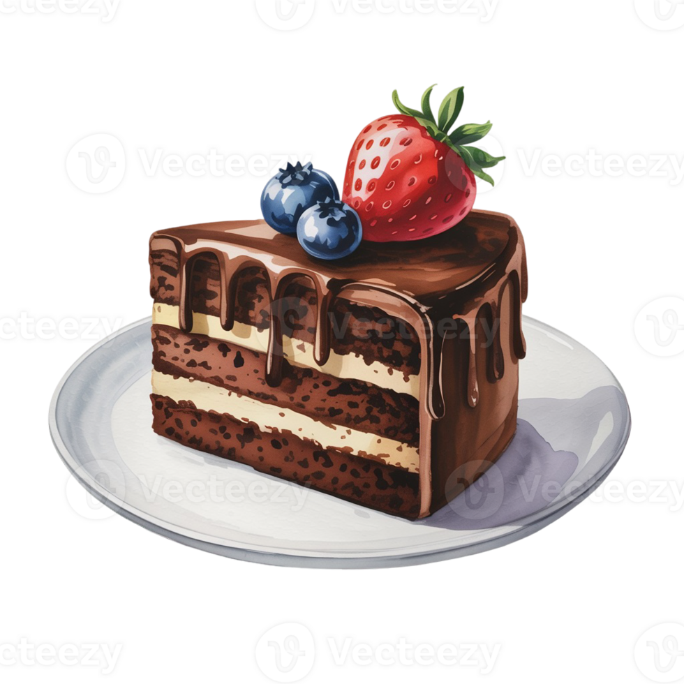 A decadent slice of chocolate cake is adorned with a glossy chocolate glaze and topped with a fresh strawberry and blueberries cutouts png