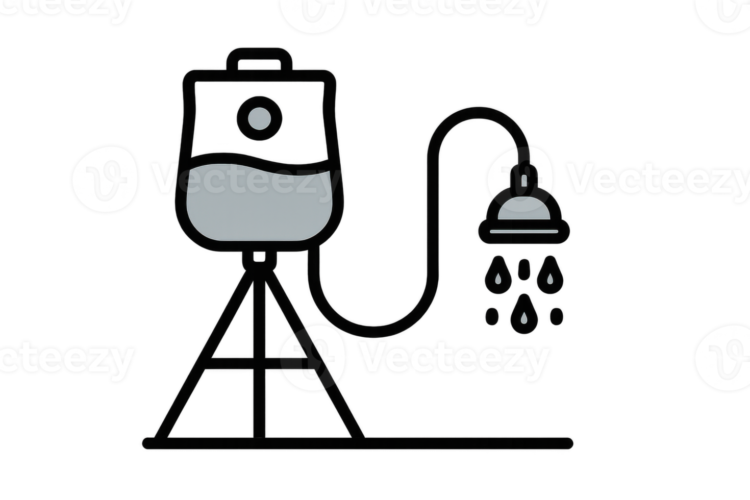 Camping shower icon in black line style showing a hanging water container with a hose and dripping showerhead, symbolizing hygiene outdoors. png