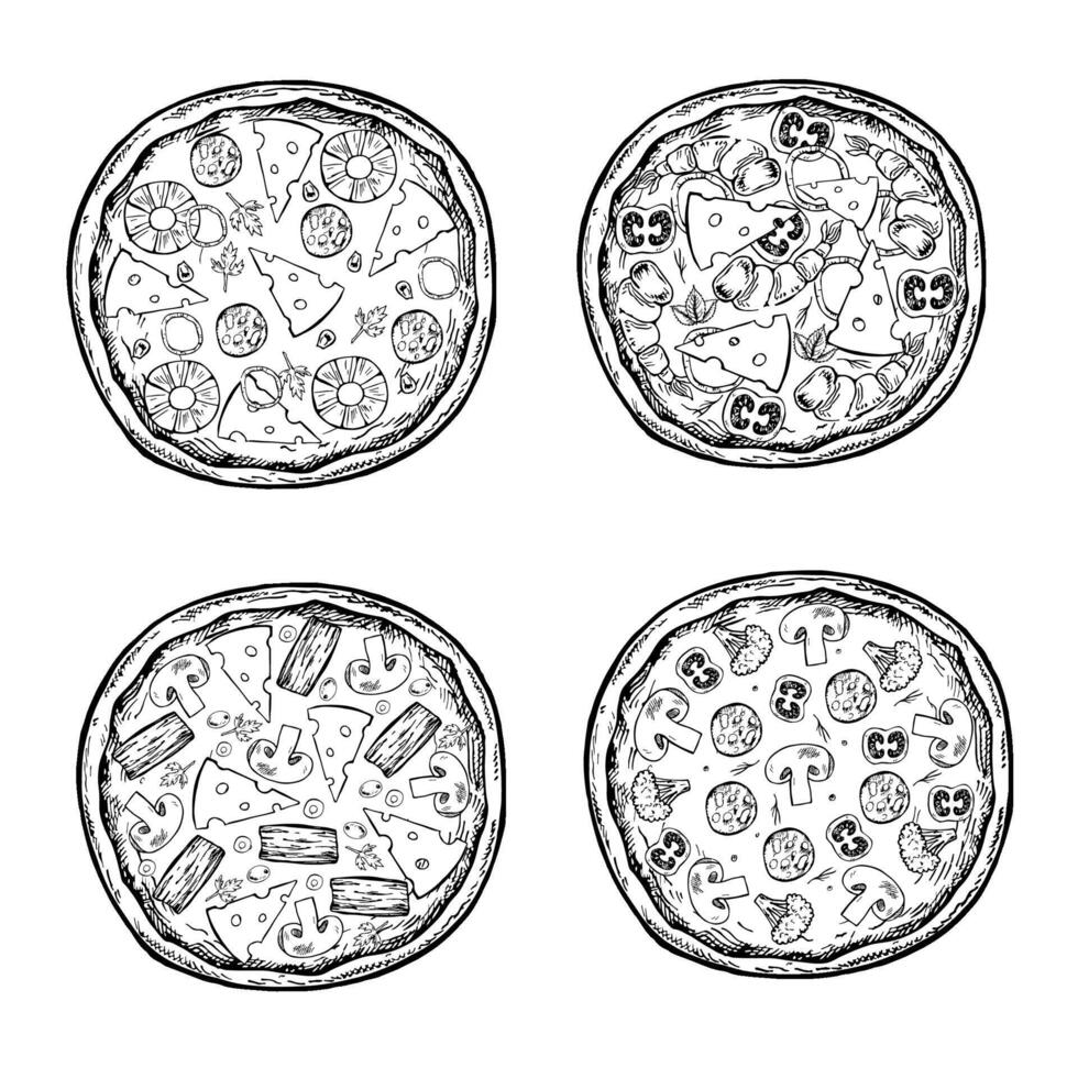 A set of whole, round pizzas. graphics, hand-drawn black and white illustrations. Isolates on a white background. For recipes, menus, pizzeria decoration, packaging, and more. vector