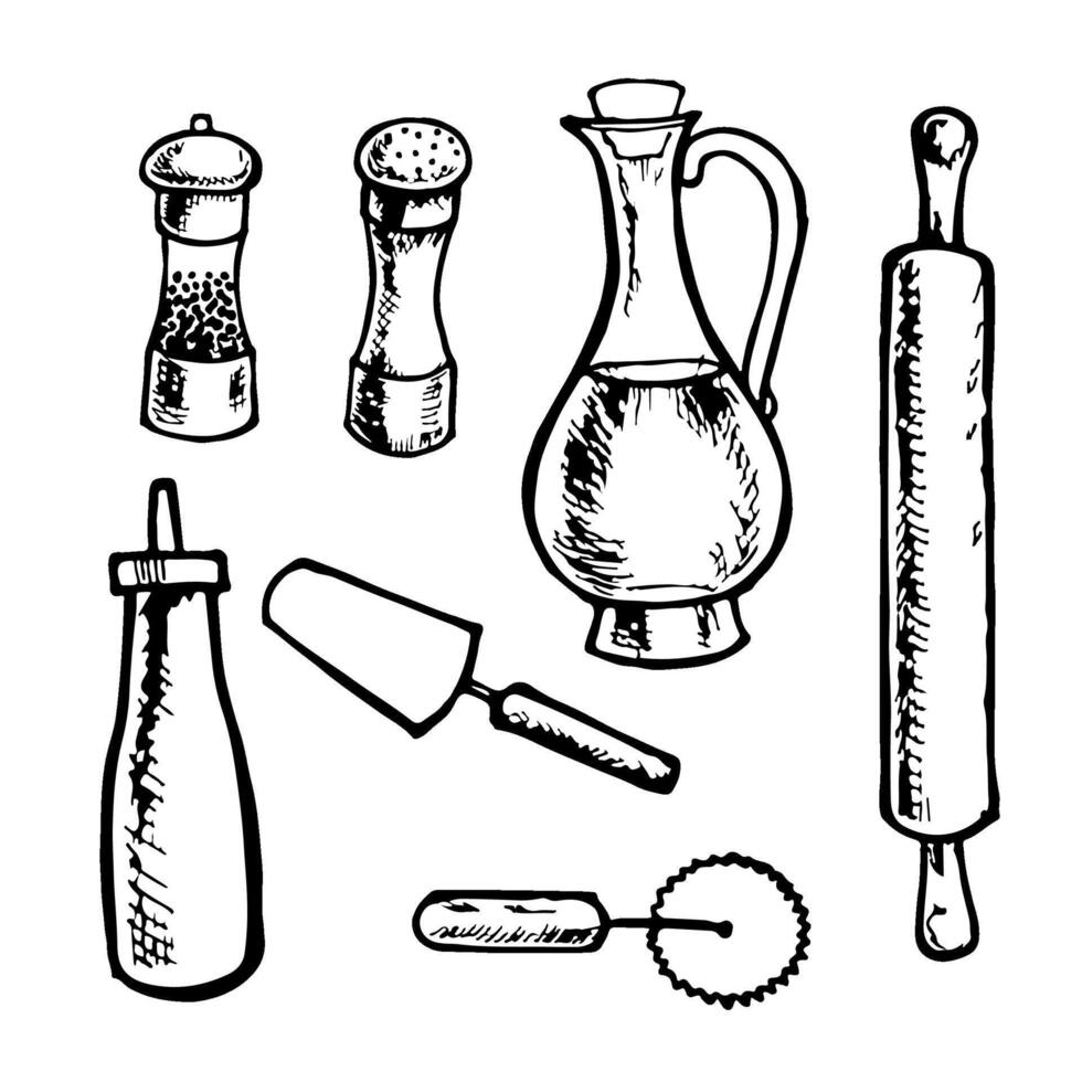 A set of tools and ingredients for making pizza. Salt, pepper, oil, rolling pin, knife, spatula, ketchup. graphics, black and white illustrations by hand. For recipes, menus, and pizzeria decor vector