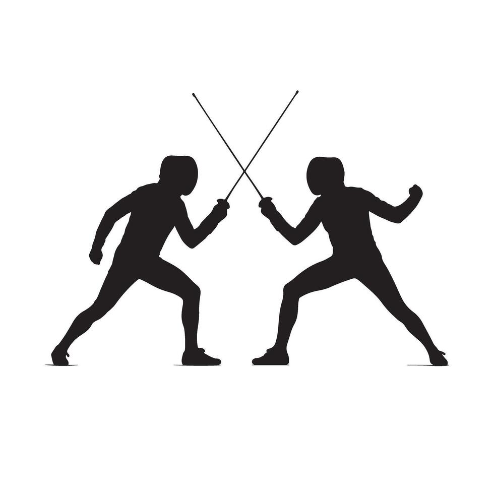 Two people are fencing in silhouette on a white background vector