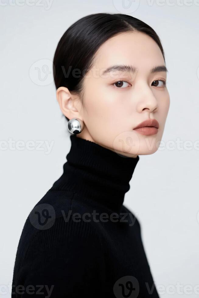 A woman in a black turtle neck sweater and earrings photo