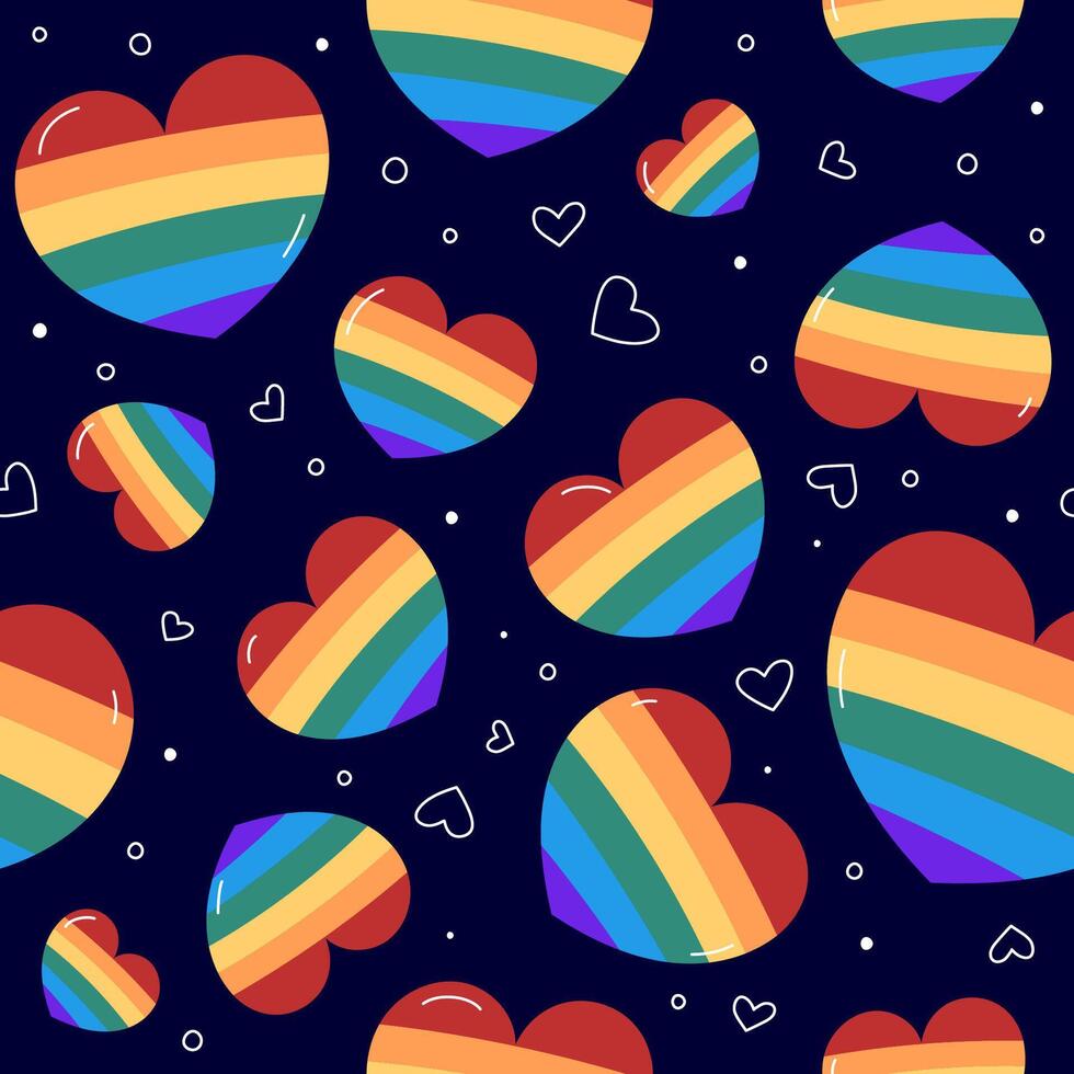 LGBT pattern, seamless background. Cute heart shapes, rainbow flags. Pattern with sexual minorities symbol. Hand drawn elements. Pride Month repeat illustration. vector