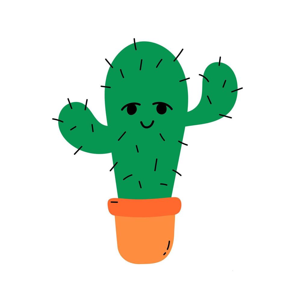 Cute cactus isolated illustration. Cheerful smiling cactus in pot doodle and flat design. vector