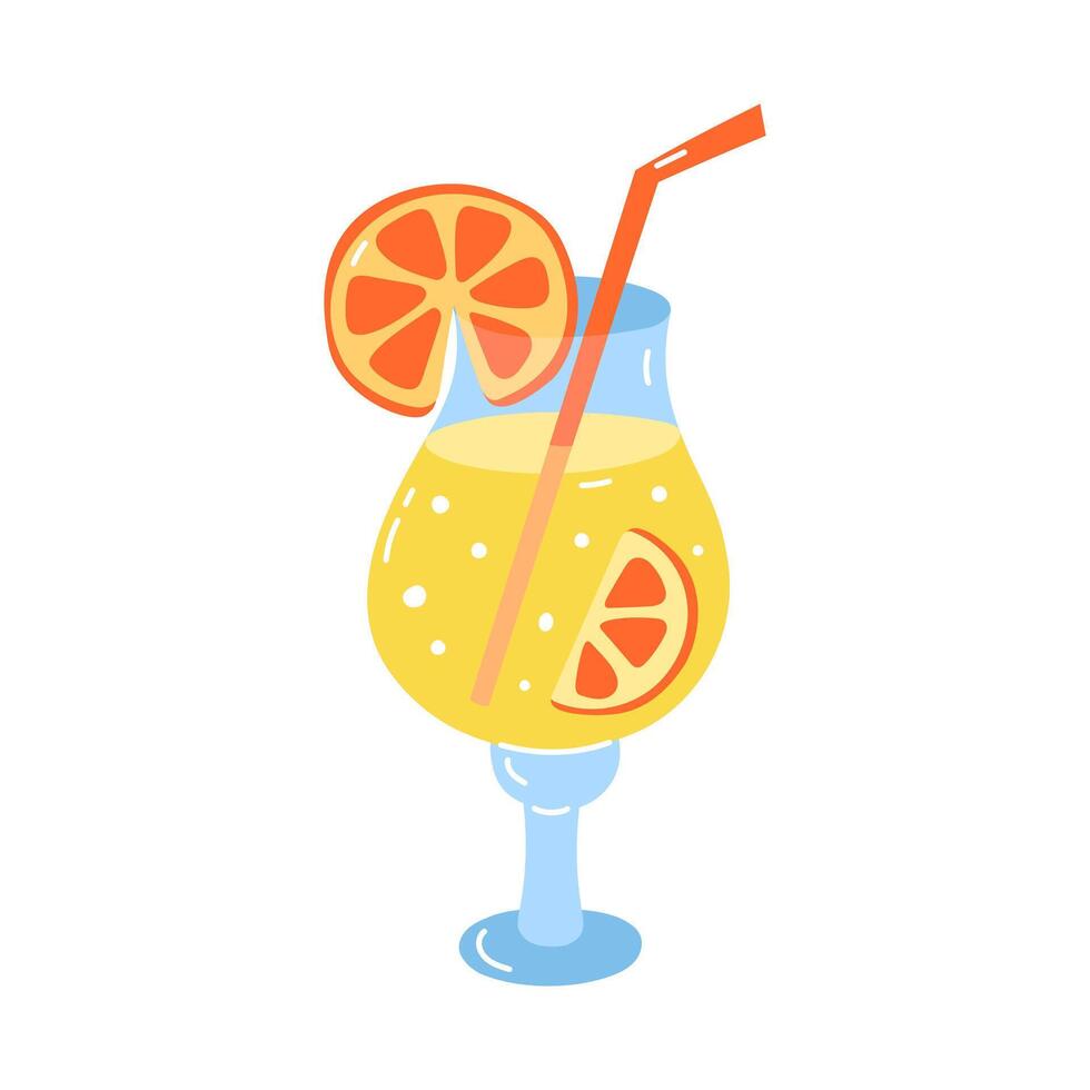 Citrus summer cocktail isolated illustration. Beverage in glass with orange slices and straw. Summertime, beach, tropical design. Flat object with cute doodle elements. vector