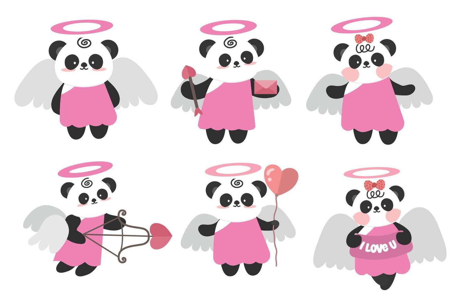Set of Little cute cupid panda. Set of elements in romantic style. Suitable for decorative elements for invitatition, clip art, sticker, etc vector