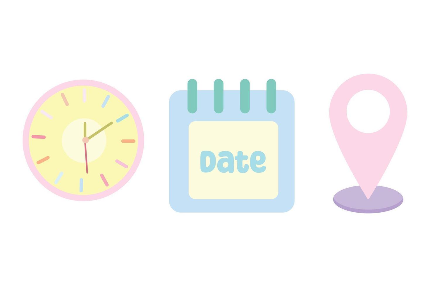 Cute time, date, and address icon set with pastel color illustration. Suitable for clip art, stickers, flat design illustration, etc vector