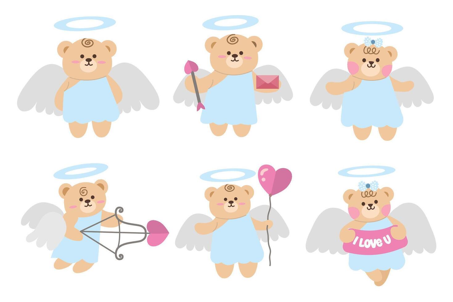 Set of cute bear cupid angels set Character. Set of elements in romantic style. Suitable for decorative elements for invitatition, clip art, sticker, etc vector