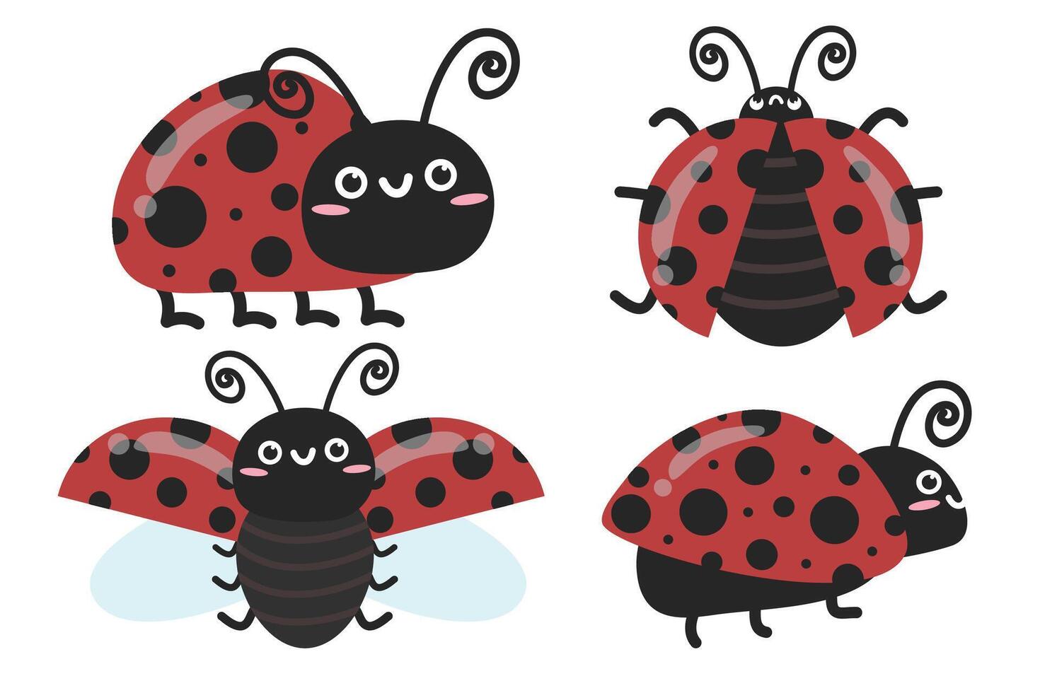 Set of hand drawn cute ladybug in different poses. Suitable for clip art, stickers, flat design vector