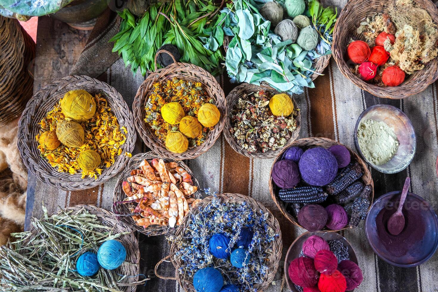 Traditional Peruvian textile dyes and colorful wool balls from natural pigments photo
