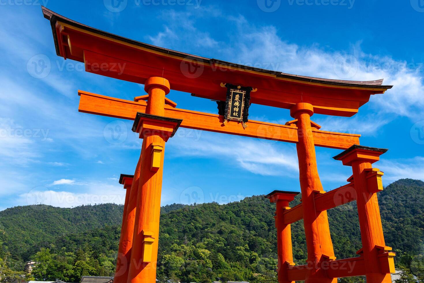 Close-up view of the famous Itsukushima shrine red torii gate in Miyajima, Japan photo