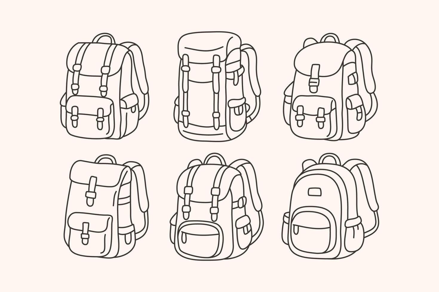 hand-drawn doodle backpacks set, school and travel bag collection, simple black outline, isolated on light background vector