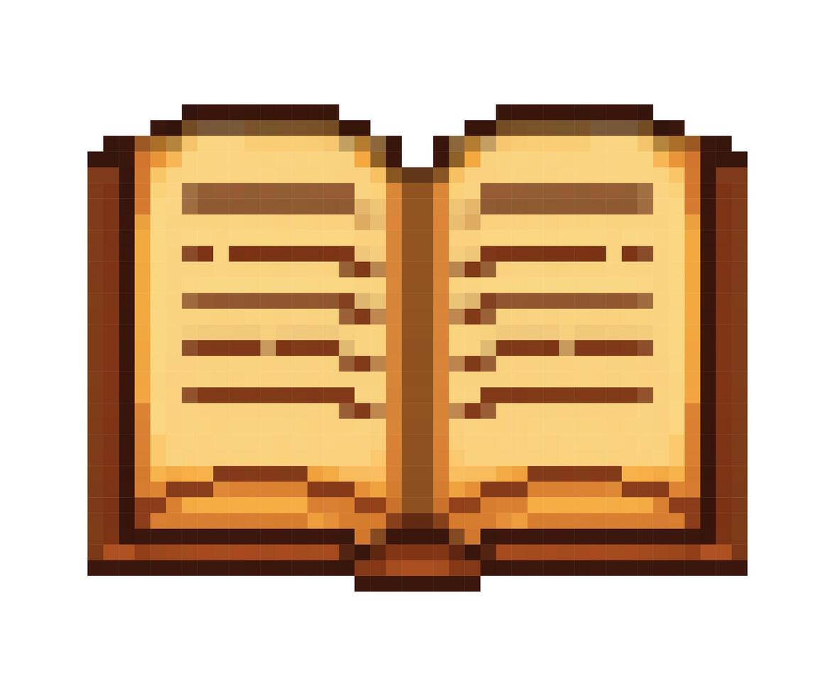 Open pixel art book icon with brown cover and text lines for reading, gaming, illustration vector