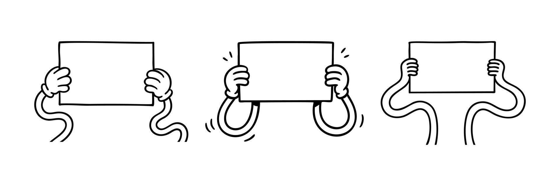 Set of cartoon arms hold blank sign, doodle hand-drawn illustration isolated on white, perfect banner or poster template for design vector