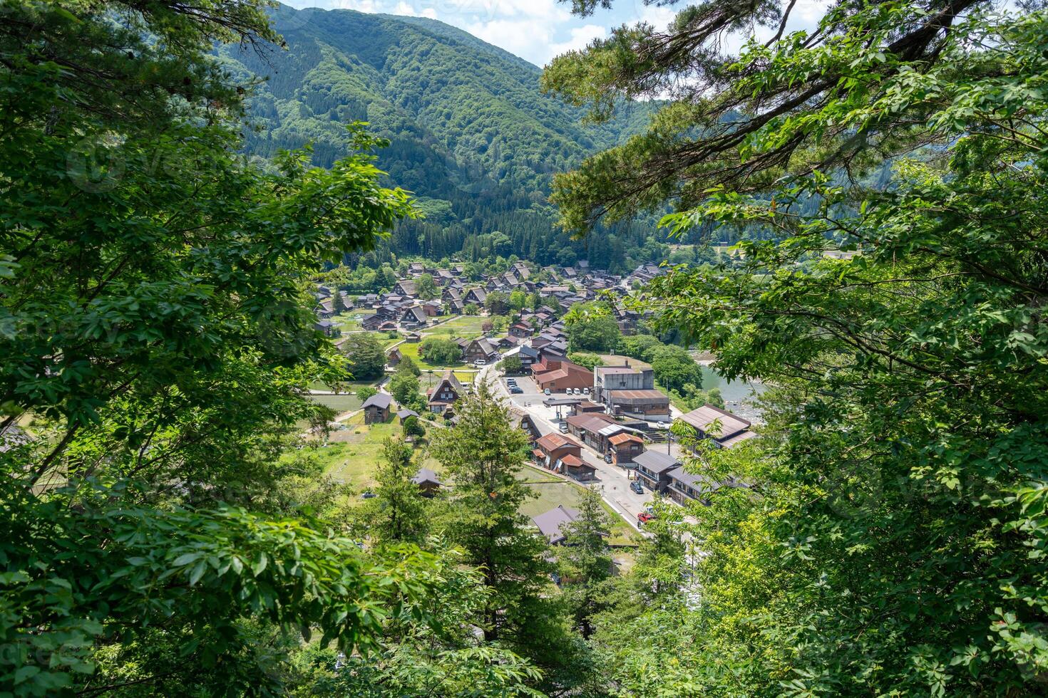 Traditional thatched houses of Shirakawa-go village in rural Japan. Panoramic view photo