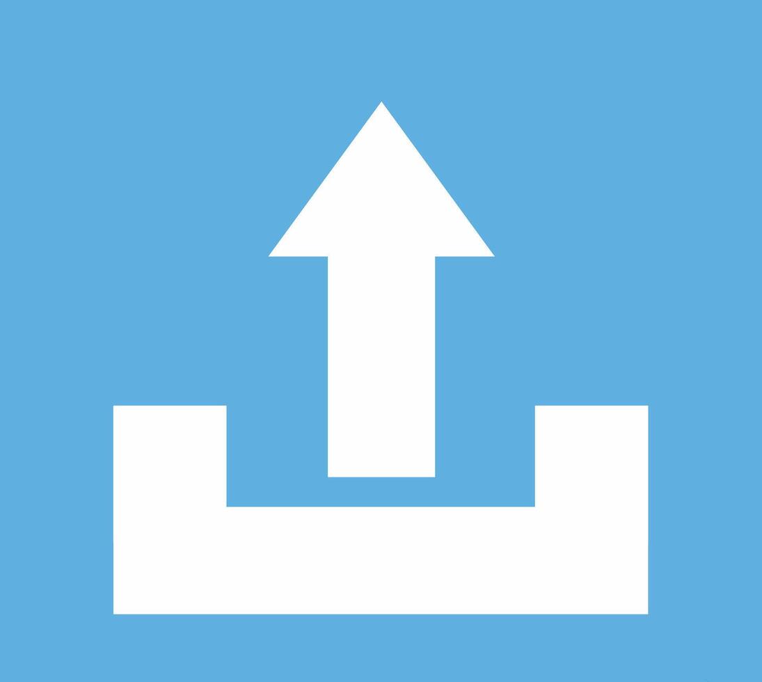 A blue color square full flat simple upload icon in the form of a black upward arrow and a black line as a sign that the file or document has been uploaded vector