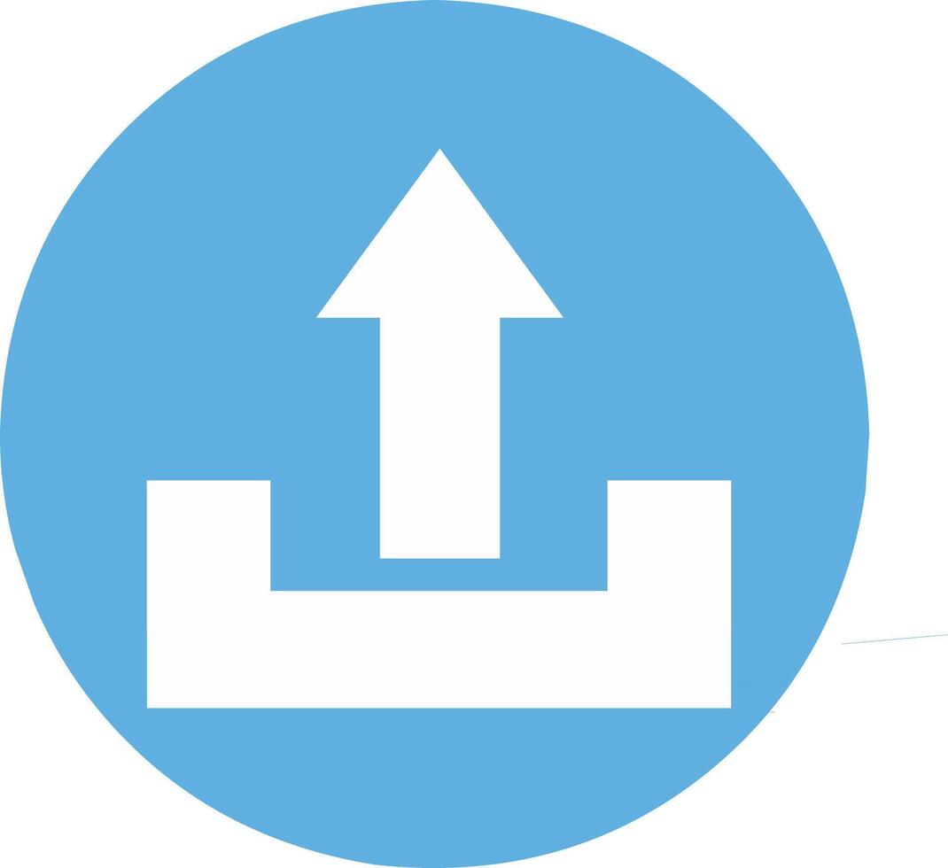 A blue color round circle simple upload icon in the form of a black upward arrow and a black line as a sign that the file or document has been uploaded vector