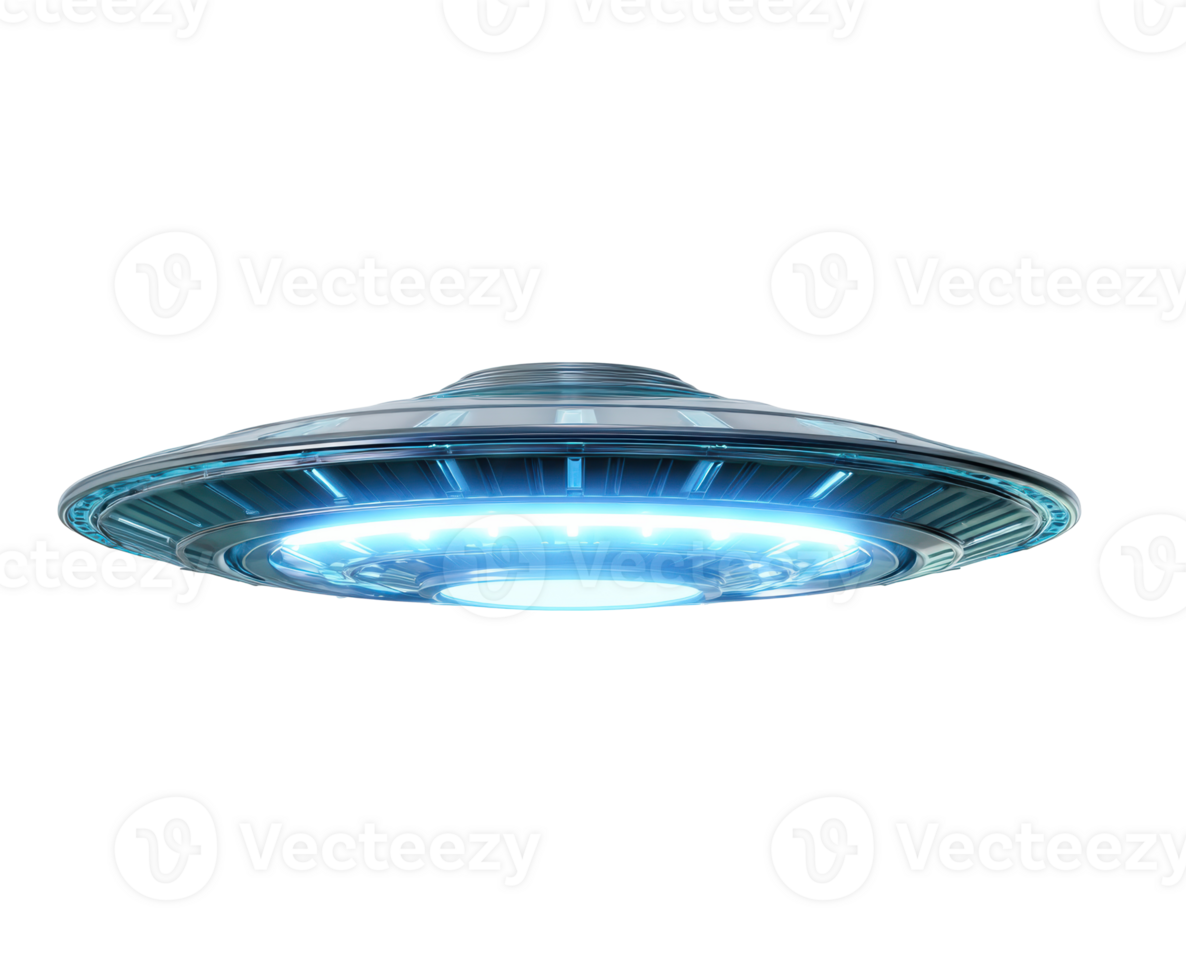 Futuristic UFO flying through the night sky with bright lights png