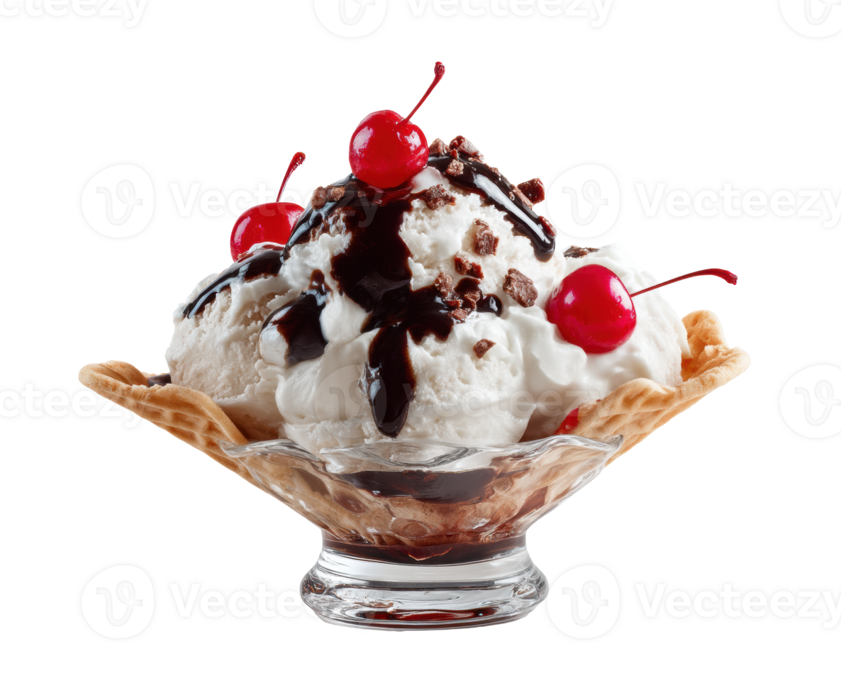Classic ice cream sundae with chocolate sauce and cherries png