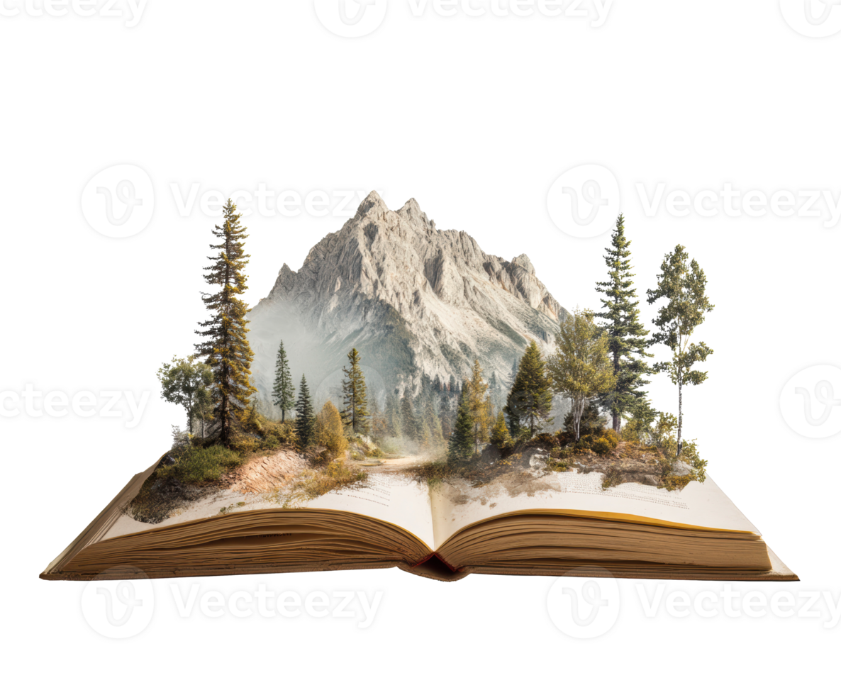 Imaginative landscape emerging from an open book revealing nature png