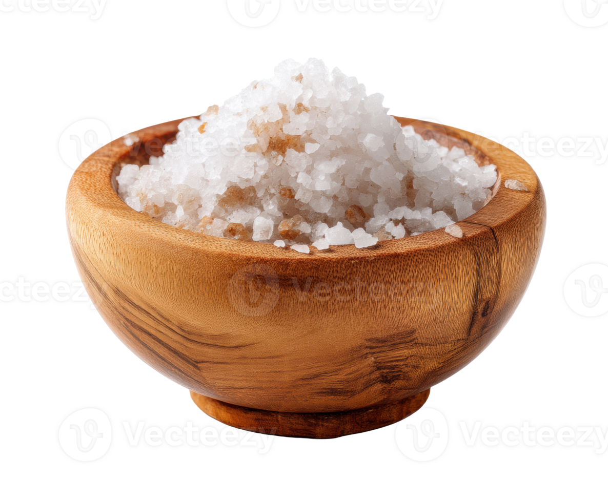 Natural sea salt in a wooden bowl for culinary use and seasoning png
