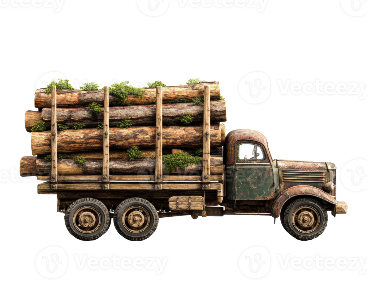Vintage truck transporting logs with greenery on the forest road png