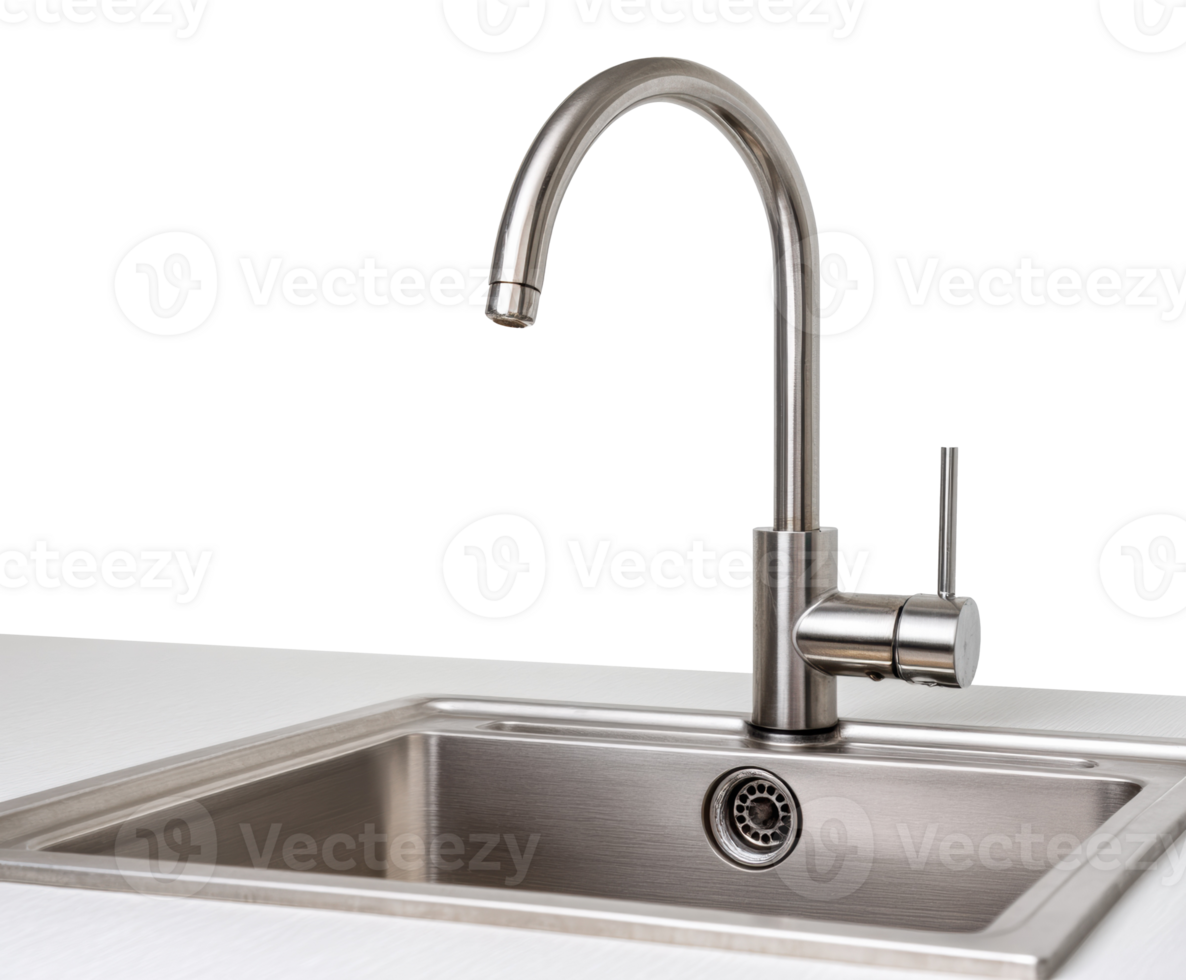 Modern kitchen sink with stainless steel faucet, minimalist style png
