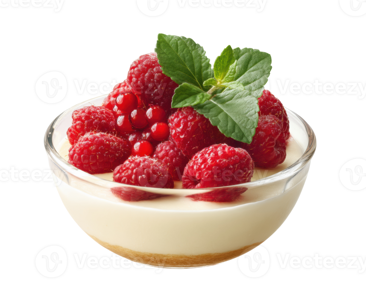 Creamy dessert with fresh raspberries and mint leaves for indulgence png