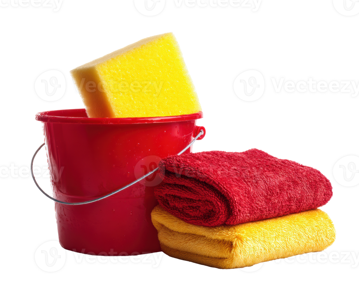 Bucket with cleaning supplies towels and sponge png