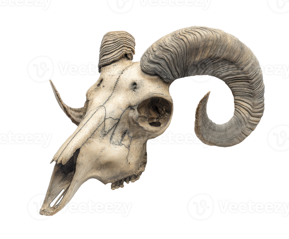 Curated display of ram skull with detailed horn structure for decor png