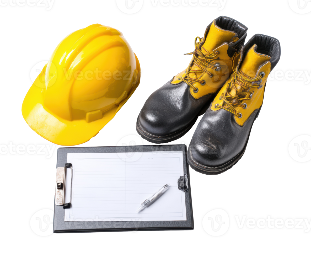Safety gear for construction workers with clipboard and pen png