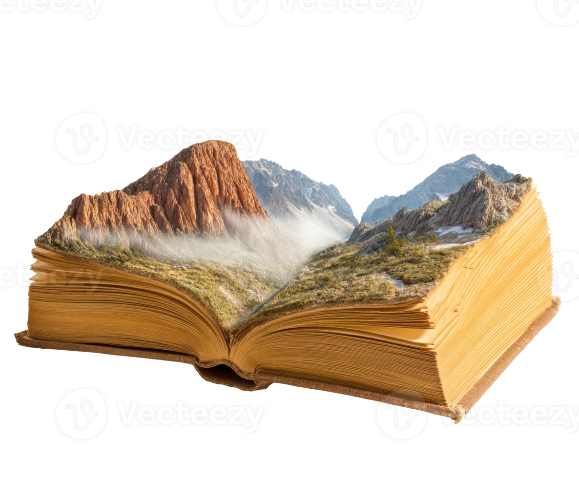 Nature landscape emerging from an open book for creative ideas png